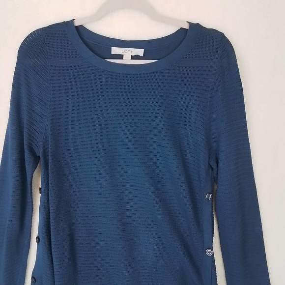 LOFT Open Knit Sweater Tunic Size Small Blue w/ Button Up Side Seams - Picture 3 of 11